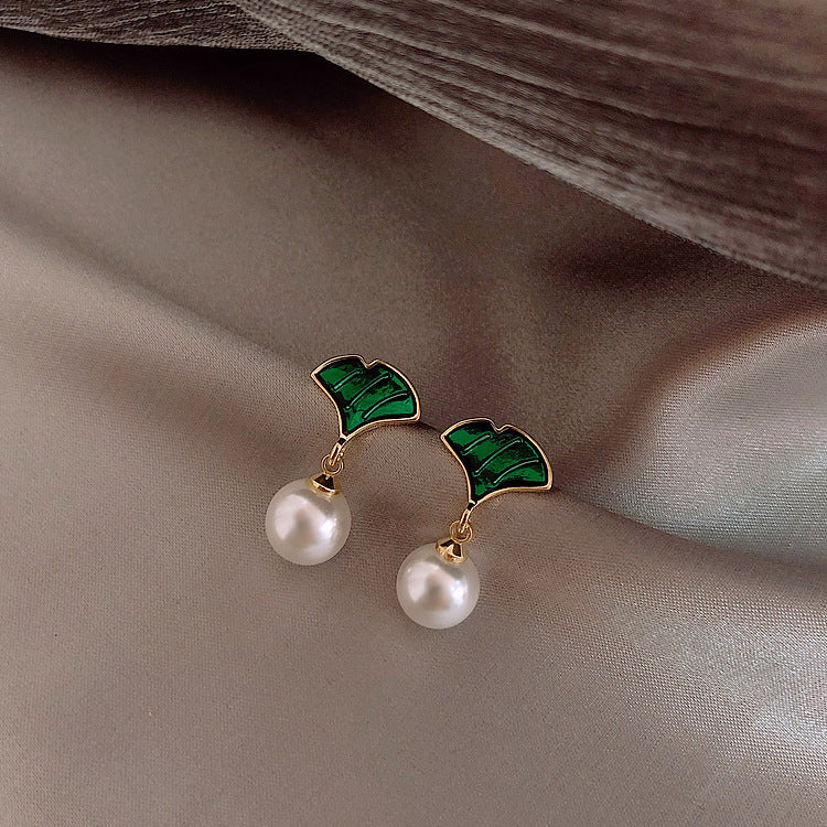 Ginkgo Green Leaf Pearl Girly Elegant Earrings