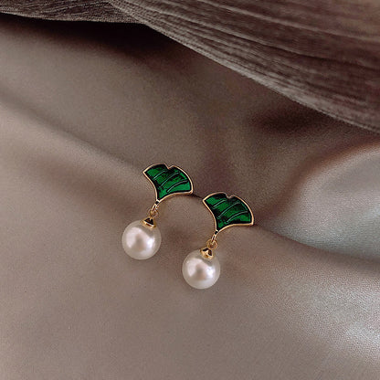 Ginkgo Green Leaf Pearl Girly Elegant Earrings