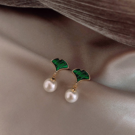 Ginkgo Green Leaf Pearl Girly Elegant Earrings