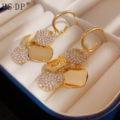 Fashionable Diamond Metal Disc Tassel Earrings