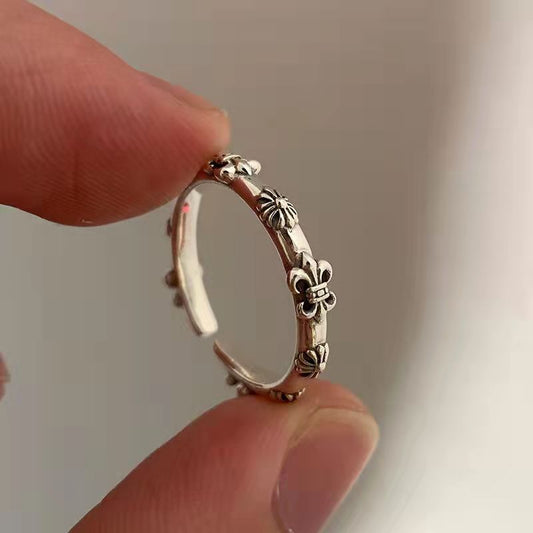 Embossed Chrome Heart Cross Ring