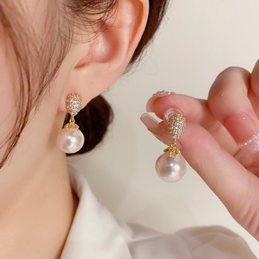 Silver Needle Delicate Small Micro-Inlaid Zirconia Teardrop-Shaped Pearl Earrings