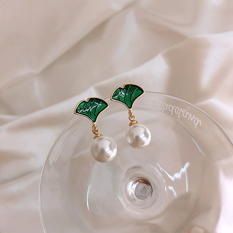 Ginkgo Green Leaf Pearl Girly Elegant Earrings