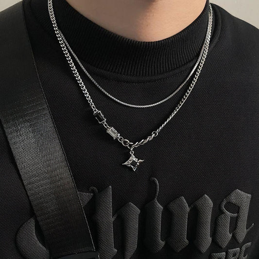 Men's trendy sweater necklace with double layer of star