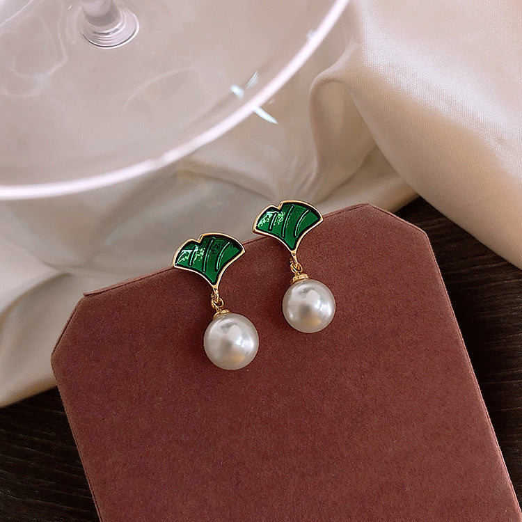 Ginkgo Green Leaf Pearl Girly Elegant Earrings