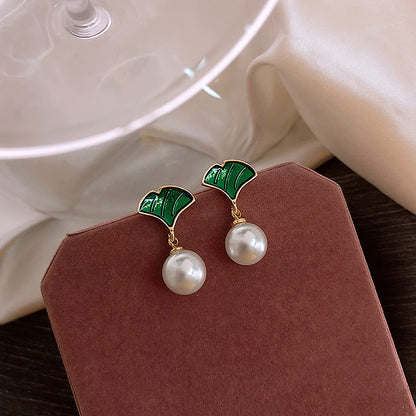 Ginkgo Green Leaf Pearl Girly Elegant Earrings