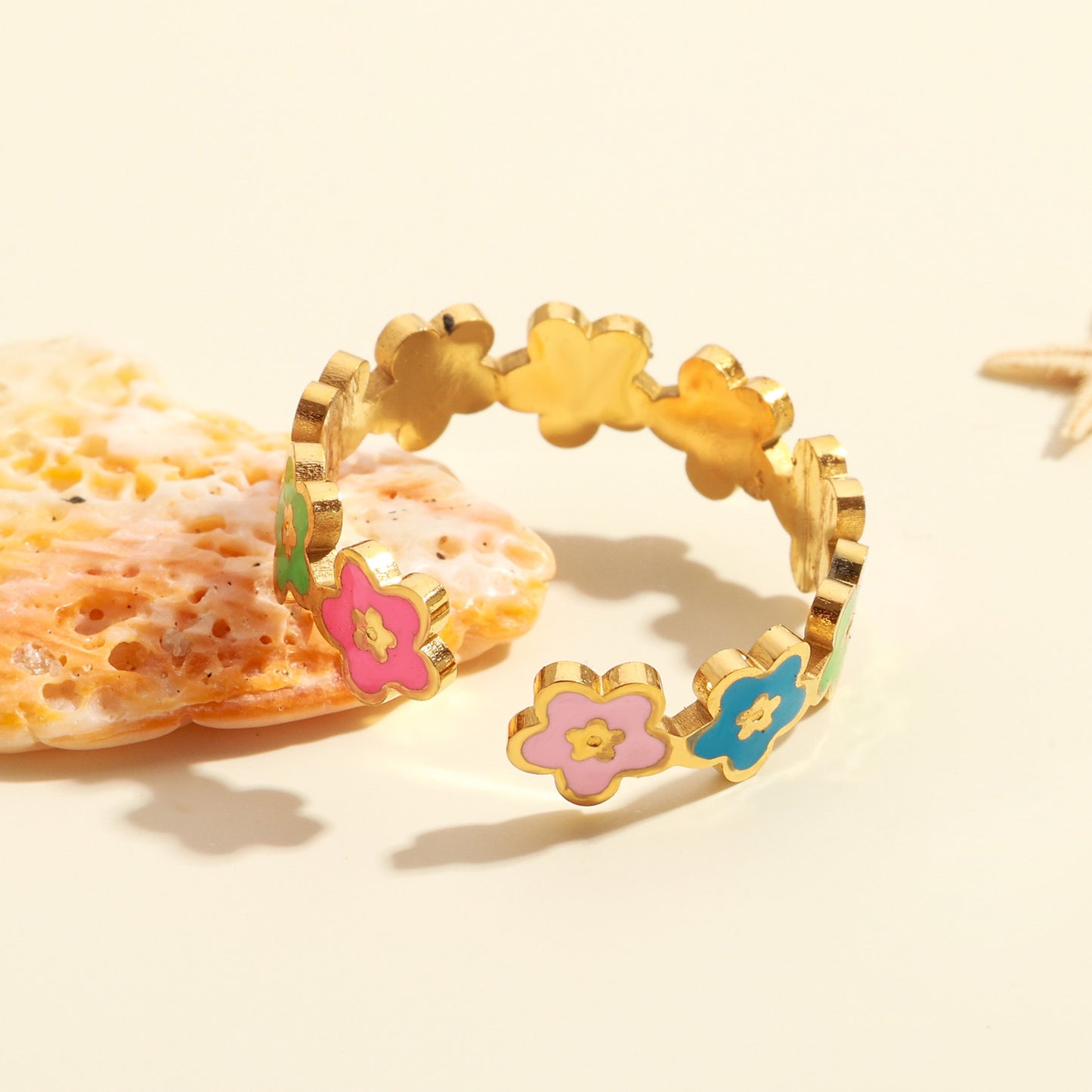 Fresh and sweet colorful smiley face flower open ring
