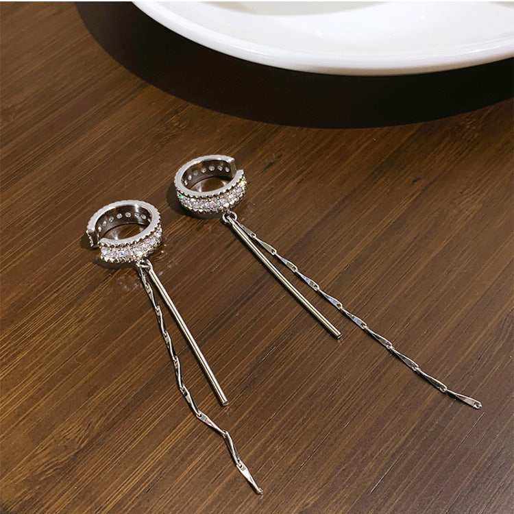 Non-pierced earrings with rhinestones and long tassel earrings