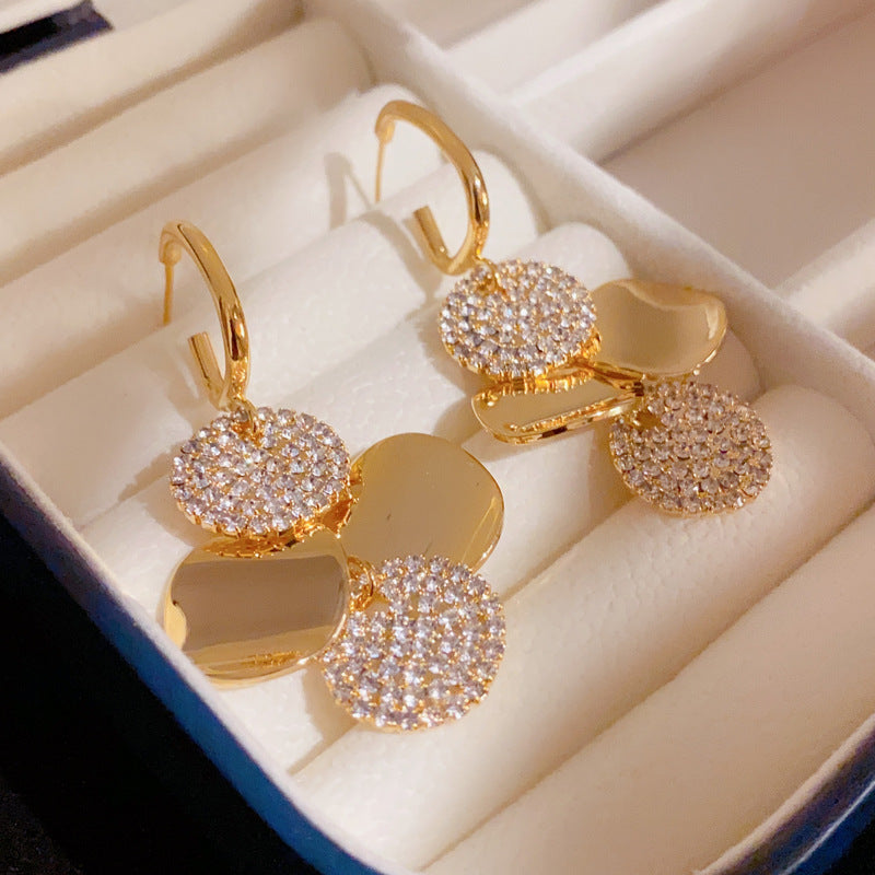 Fashionable Diamond Metal Disc Tassel Earrings