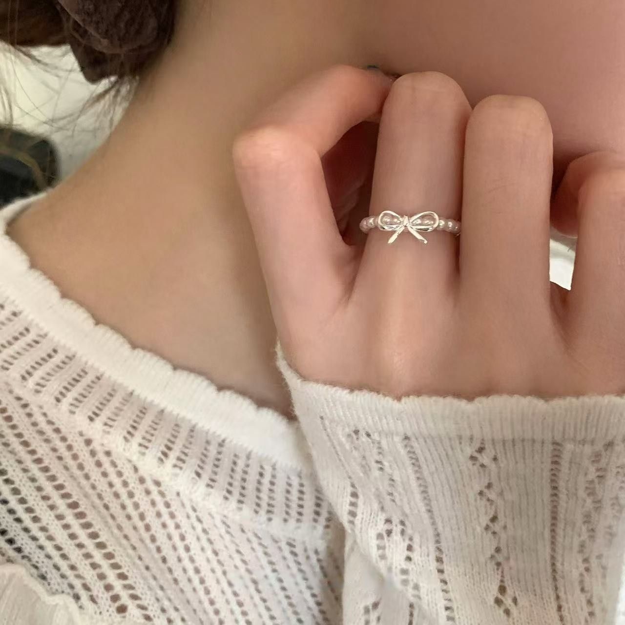 Bowknot Pearl Ring Elastic Index Finger Ring