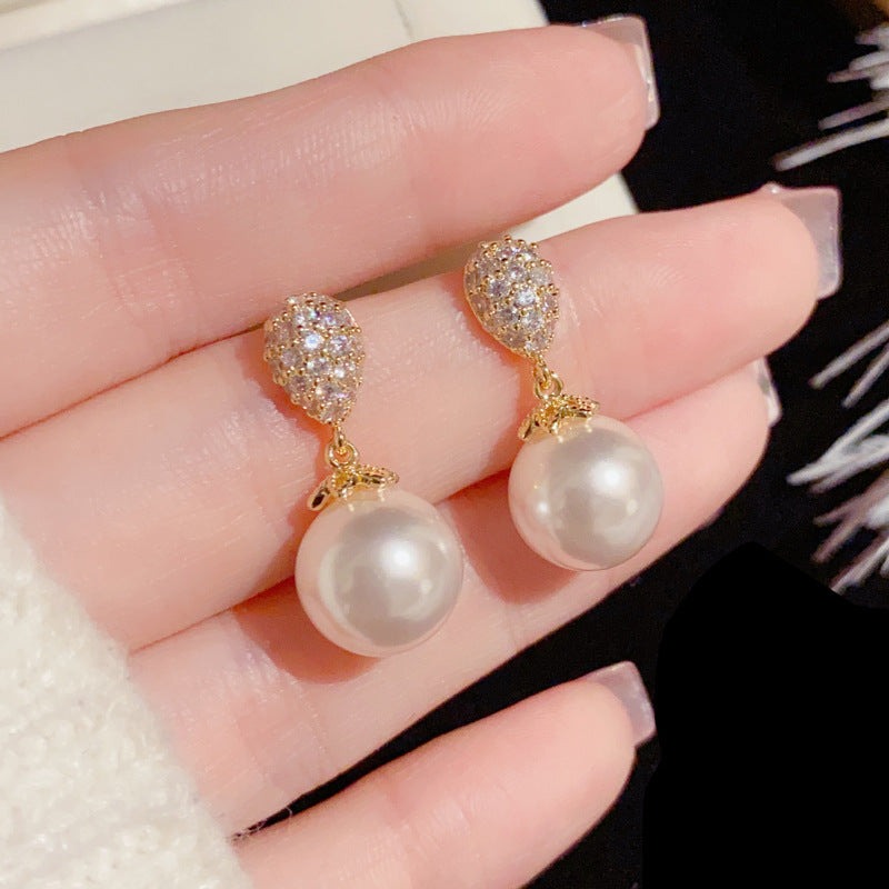Silver Needle Delicate Small Micro-Inlaid Zirconia Teardrop-Shaped Pearl Earrings