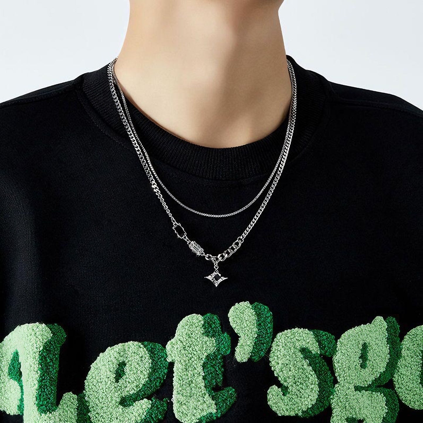 Men's trendy sweater necklace with double layer of star