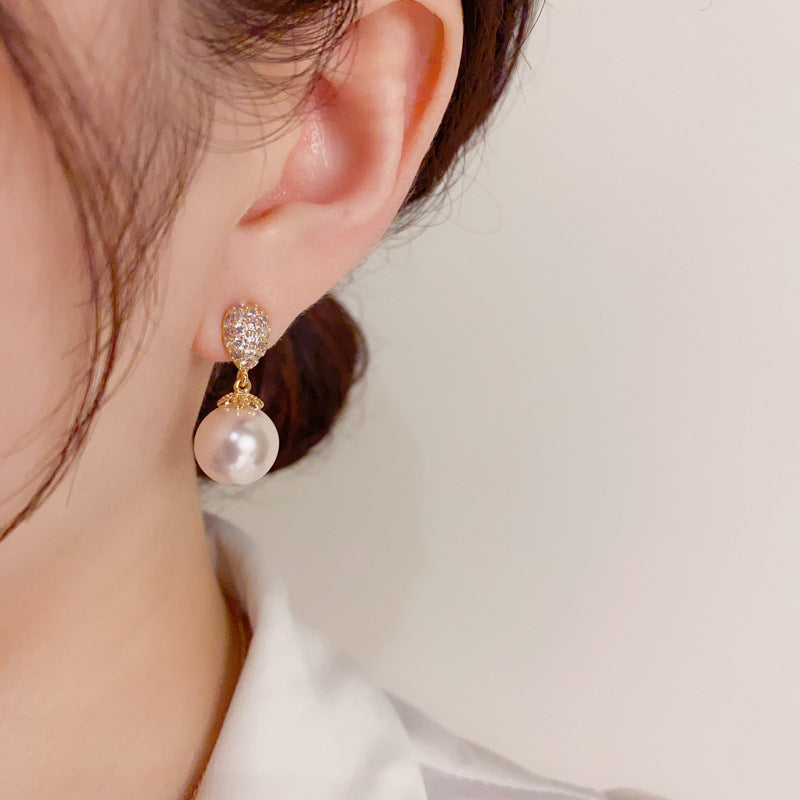 Silver Needle Delicate Small Micro-Inlaid Zirconia Teardrop-Shaped Pearl Earrings