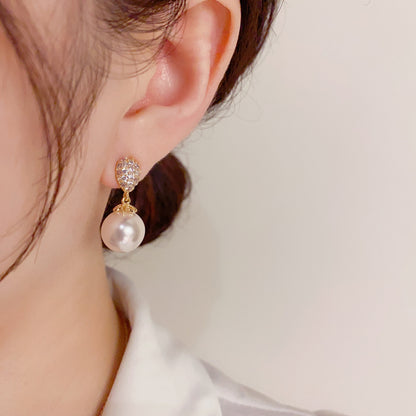 Silver Needle Delicate Small Micro-Inlaid Zirconia Teardrop-Shaped Pearl Earrings
